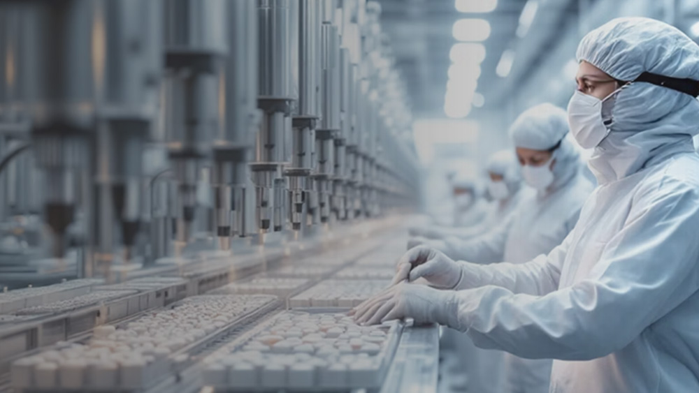 Mehrere Personen in Schutzkleidung bedienen eine Produktionslinie in einer pharmazeutischen Fabrik