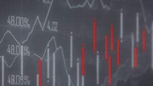 Diagramm mit Linien- und Kerzenchart-Darstellung von Finanzdaten mit Prozentangaben und roten sowie weißen Balken